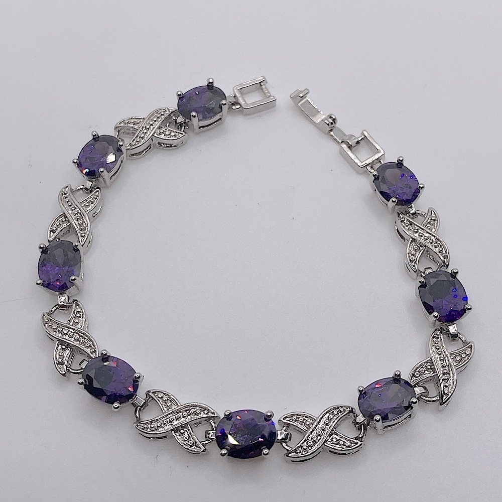 Silver Tone Purple Stone XO Costume Bracelet - 7.2”